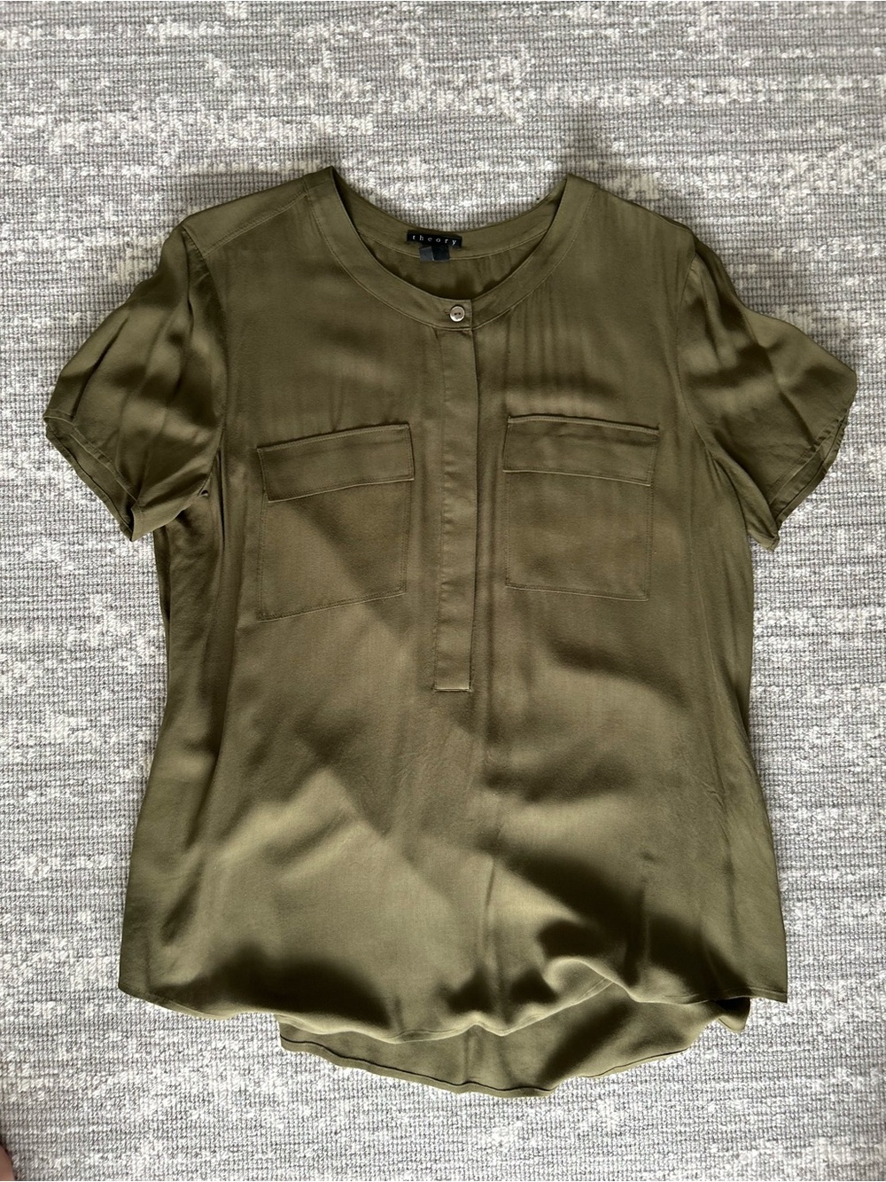 Theory Olive Green Short-Sleeve Pocket Blouse